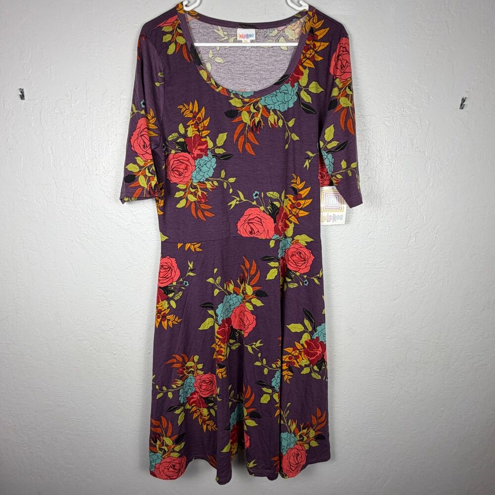 LuLaRoe Nicole Dress Womens 3XL Purple Floral Fit & Flare Stretch Midi Plus Size